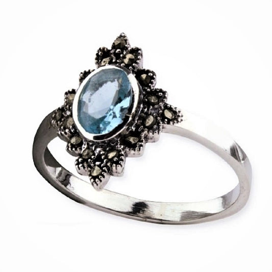 STERLING SILVER RING BLUE MARCASITE
