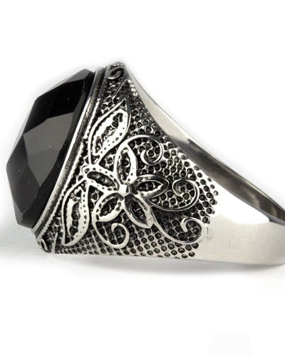Black Flower Steel Ring