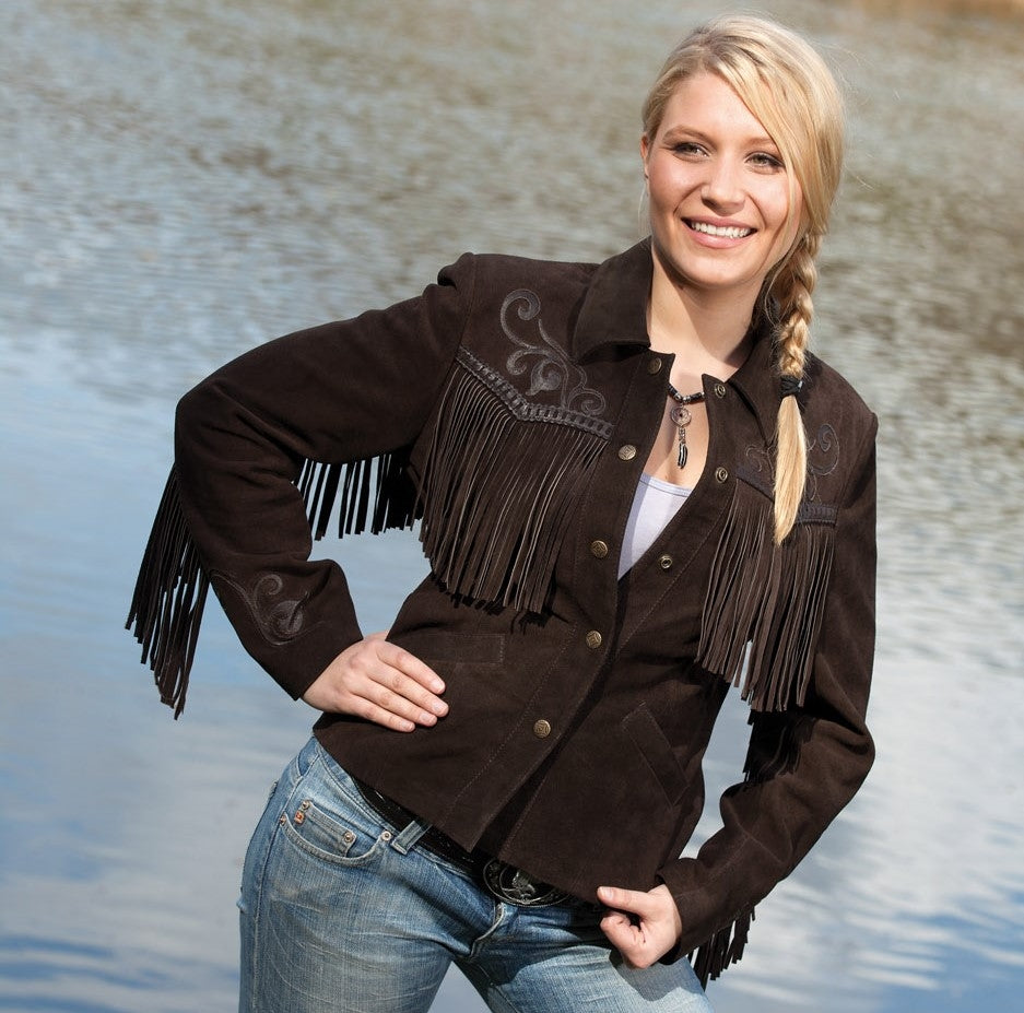 The Yuma Women's Leather Western Jacket is a statement piece that combines traditional Western craftsmanship with modern style. Made from premium 100% cowhide leather, this jacket features stunning fringe details and elaborate nappa leather inlays that capture the spirit of the American West.