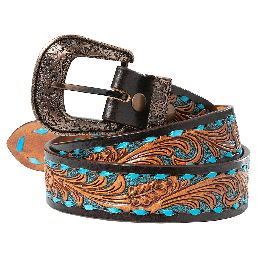 Western Belt with Turquoise Braiding - Cowhide Leather Exchangeable Buckle