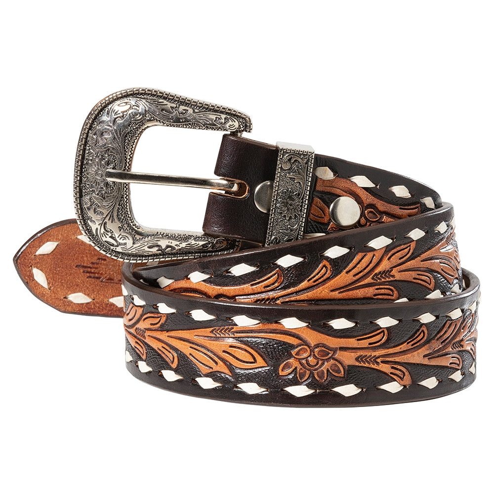 Western Belt with White Braiding - Cowhide Leather Exchangeable Buckle