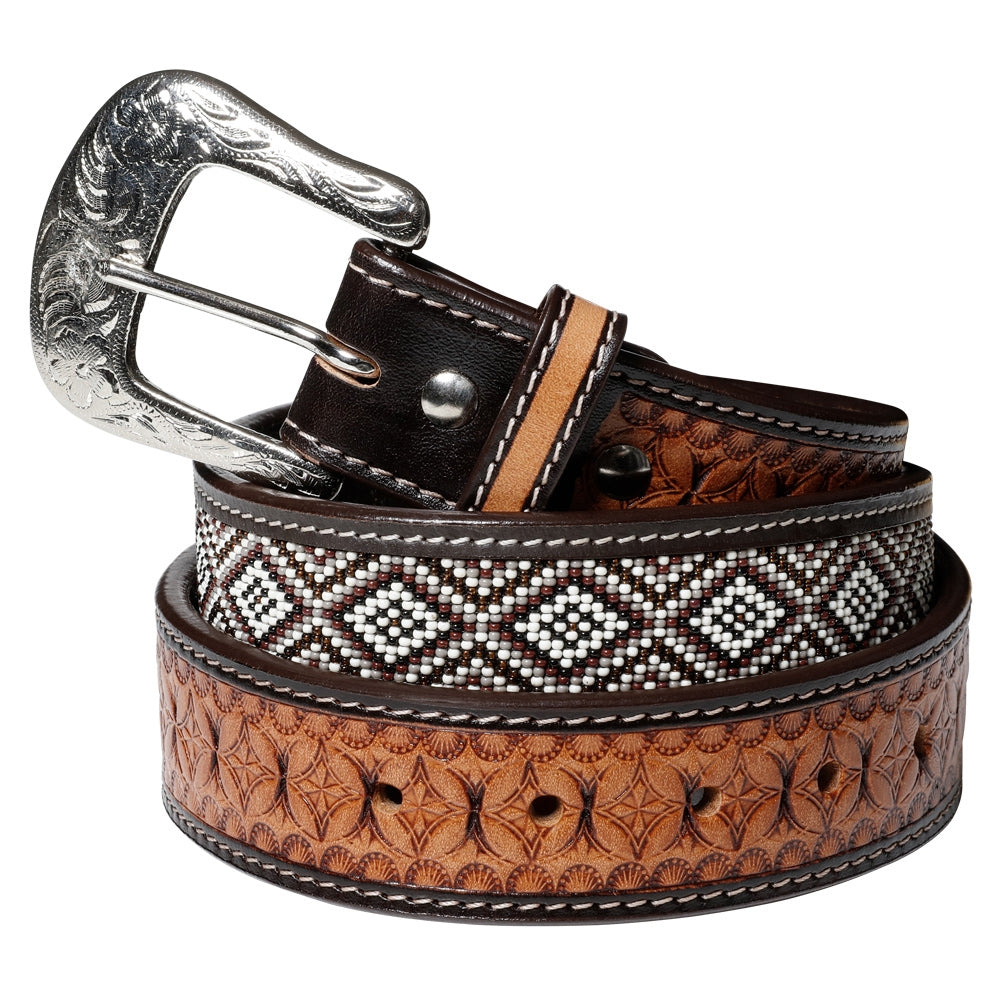 Western Belt with Pearl Applications - Hand-Stamped Leather Exchangeable Buckle