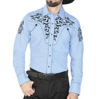 Embroidered Western Shirt - Blue Premium Button-Up
