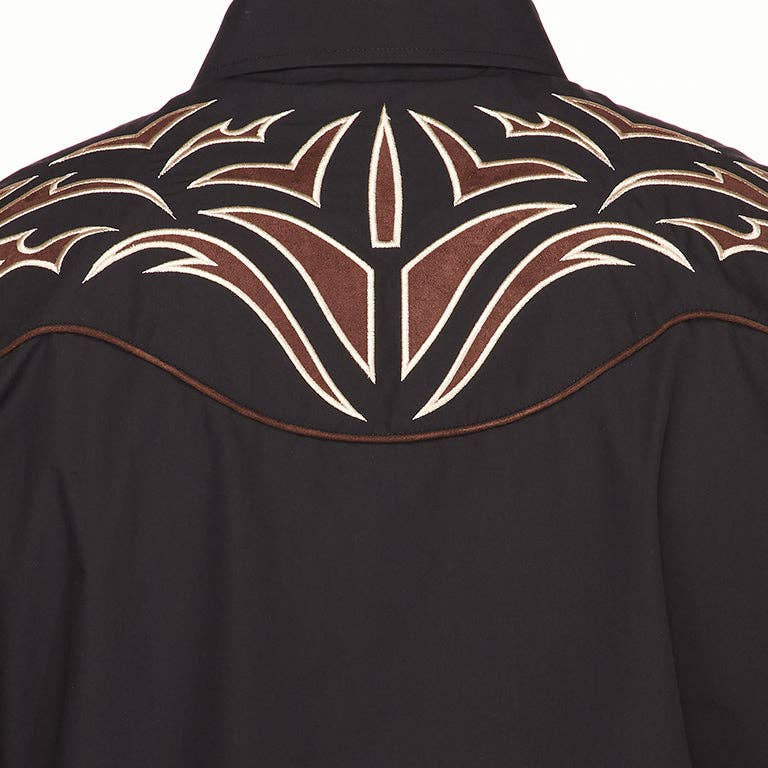 Black western shirt with intricate brown and white embroidery on the back