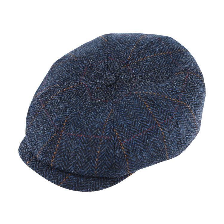 Fiebig Harris Tweed 8-Panel Flat Cap | Herringbone & Check Pattern