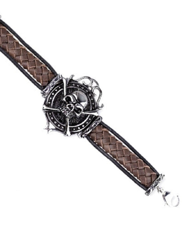 BRACELET SKULL WITH WOVEN LEATHER