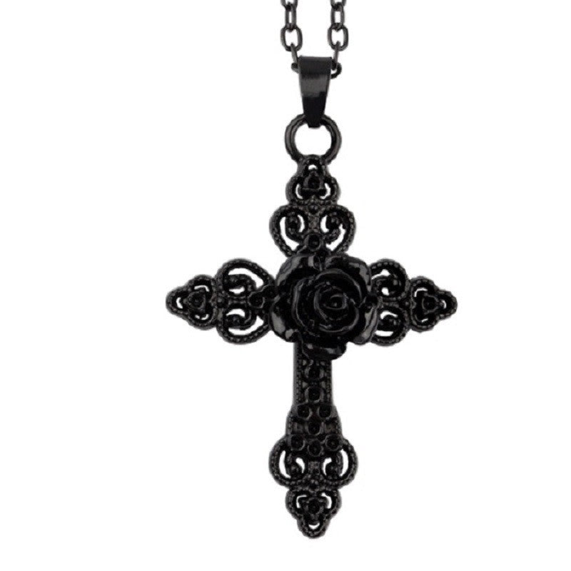 NECKLACE BLACK ROSE CROSS