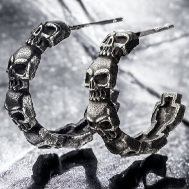 Stainless Steel Creole Earrings - Lace Spike Punk Gothic Biker Style (Silver/Black)