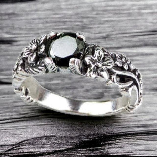 STERLING SILVER RING BLACK FLOWER