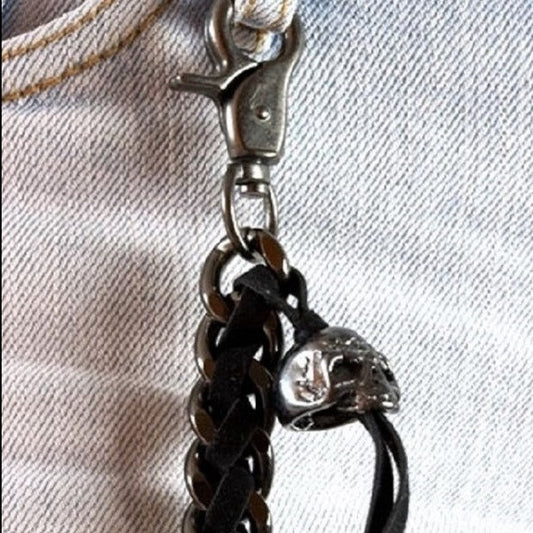 LEATHER BRAIDED BELT CHAIN WITH SKULL