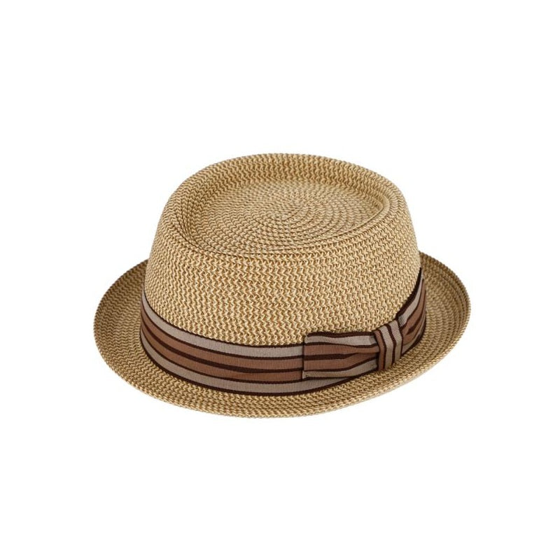 Melange Pork Pie Hat with Striped Grosgrain Ribbon - Unisex Travel Hat beige