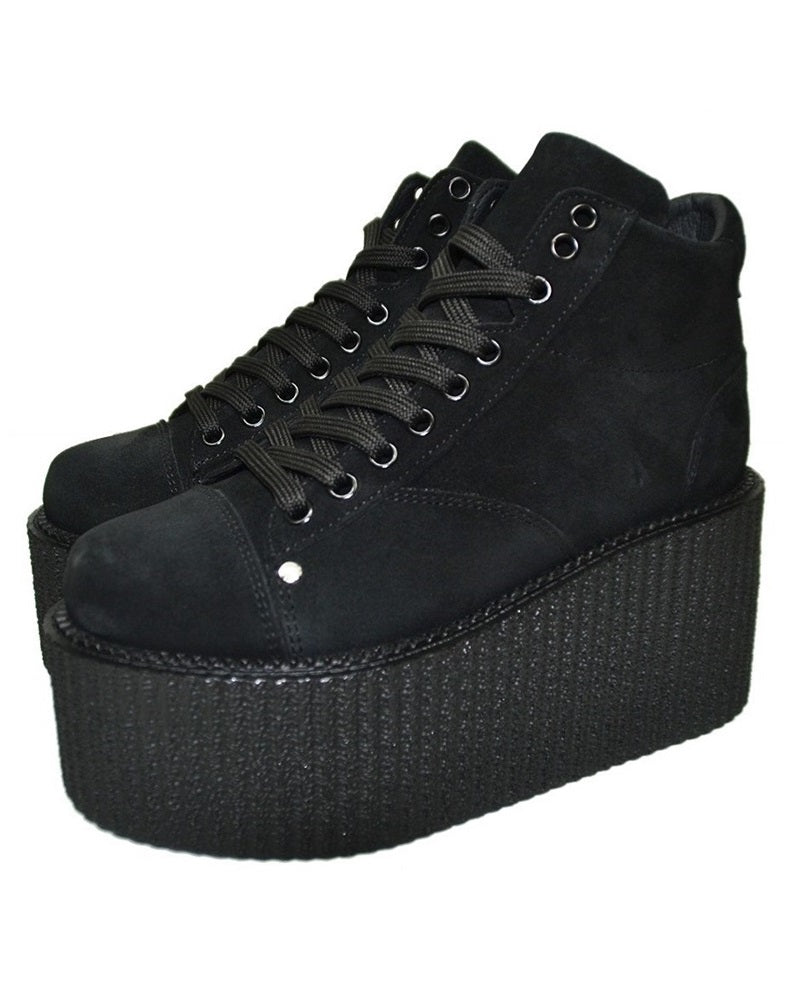 Barber Platform Shoes - Black Suede Leather High-Top Creepers with 8.5cm Heel