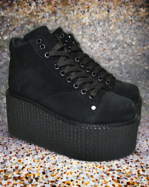 Barber Platform Shoes - Black Suede Leather High-Top Creepers with 8.5cm Heel
