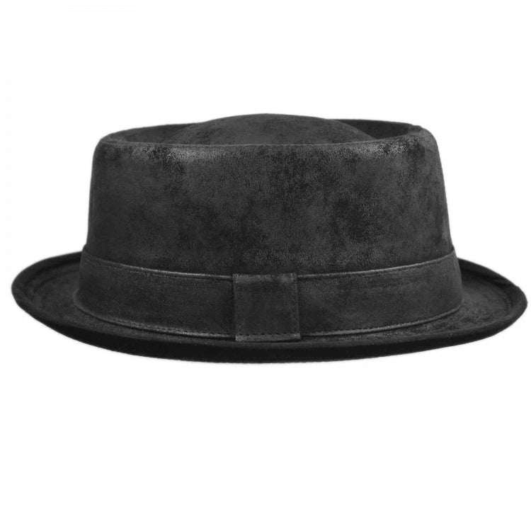 Black Leather Porkpie Hat - Vintage Fiebig Leader Style