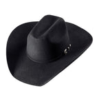 Premium Black Wool Felt Western Hat - Wyoming Collection. Make a bold statement with this exclusive black western cowboy hat. Crafted from 100% premium wool felt and featuring a distinctive hat band with rhinestone-studded buckle, the Wyoming combines classic western style with modern durability.