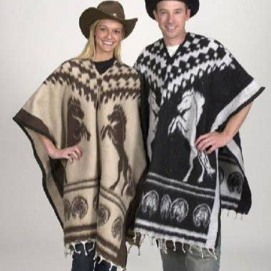 Brushed Woven Poncho Horse Pattern - Reversible Mexican Blanket Poncho
