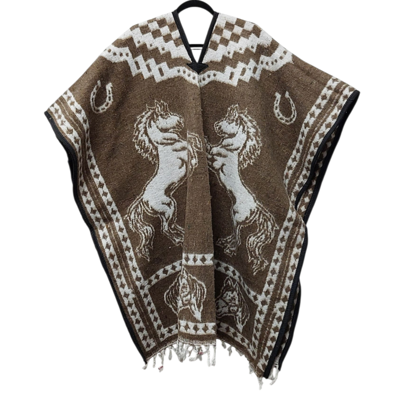 Brushed Woven Poncho Horse Pattern - Reversible Mexican Blanket Poncho