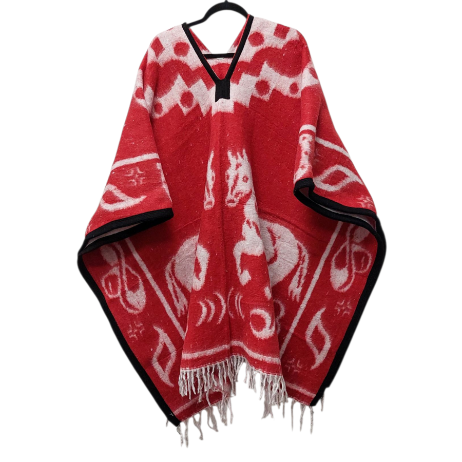 Brushed Woven Poncho Horse Pattern - Reversible Mexican Blanket Poncho