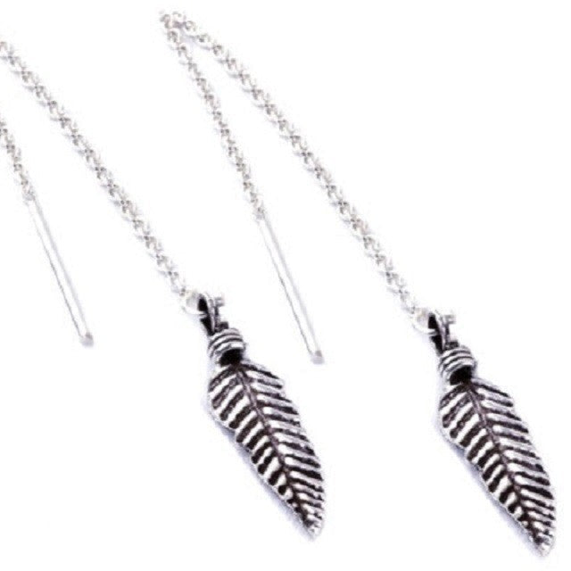Feather with Chain Silver Earrings