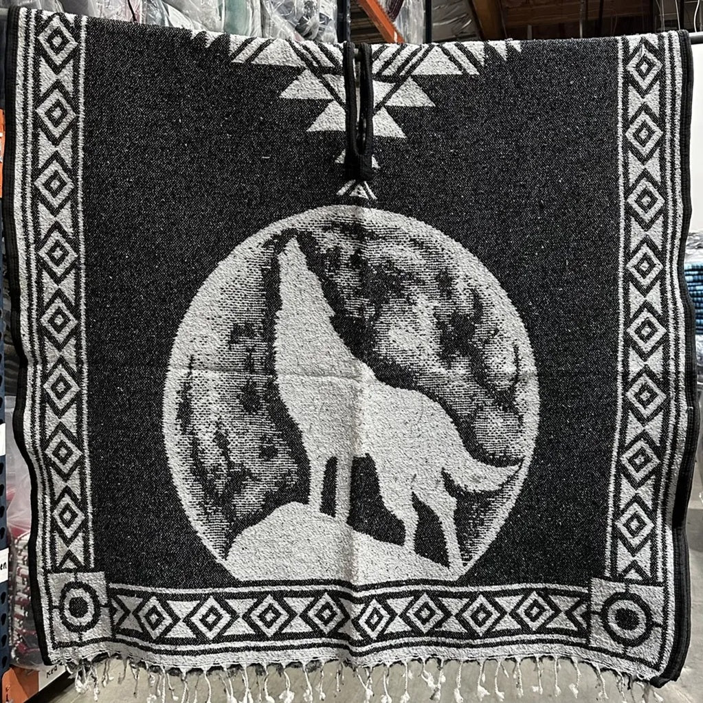 Howling Wolf Poncho - Hand-Woven Steel Blue Brushed Lining