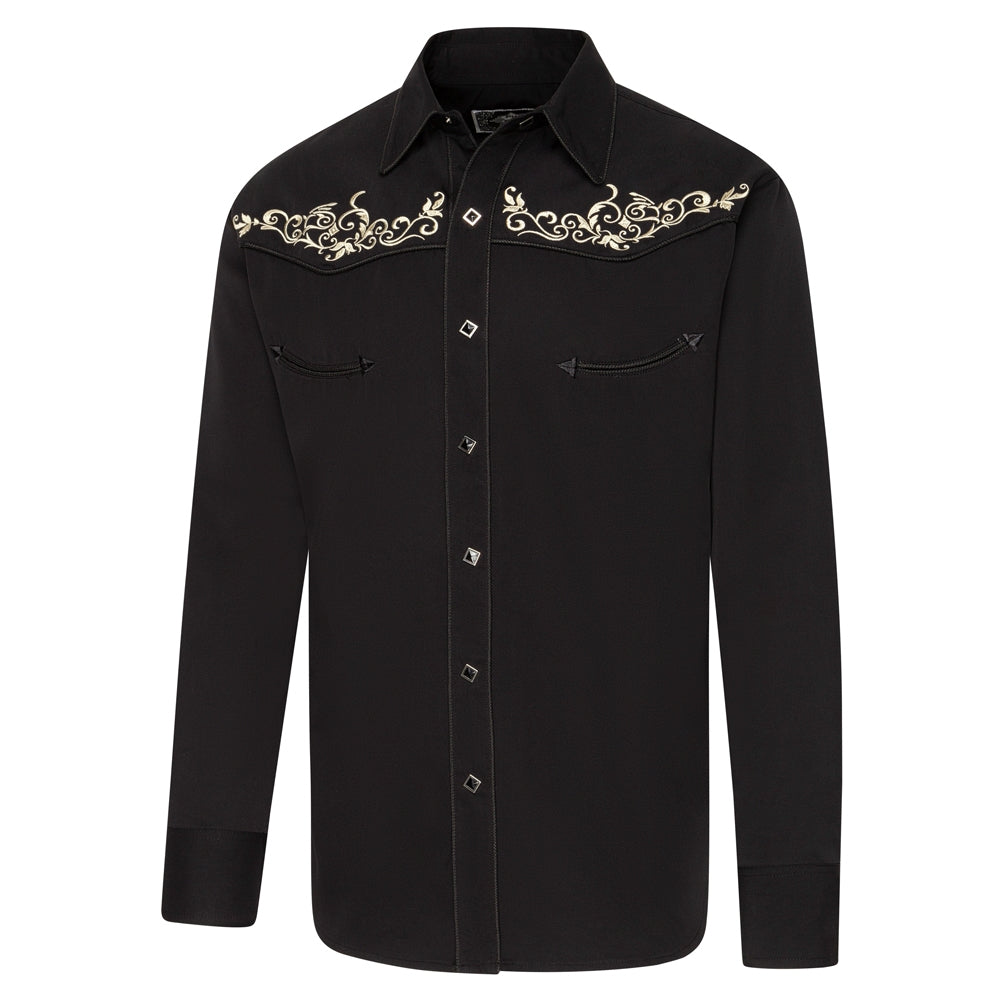 Men's Black Western Embroidered Shirt Brandon - Cowboy Shirt with Yoke Piping