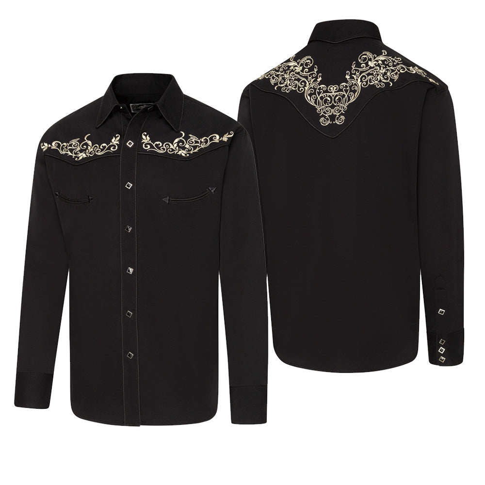 Men's Black Western Embroidered Shirt Brandon - Cowboy Shirt with Yoke Piping