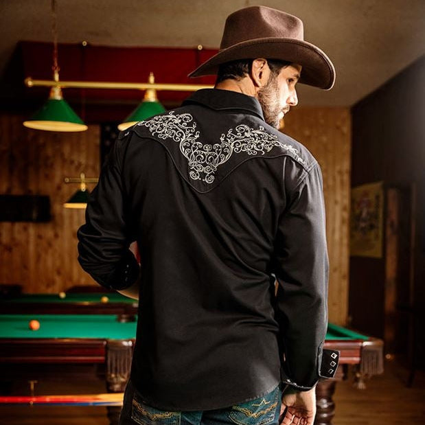 Men's Black Western Embroidered Shirt Brandon - Cowboy Shirt with Yoke Piping