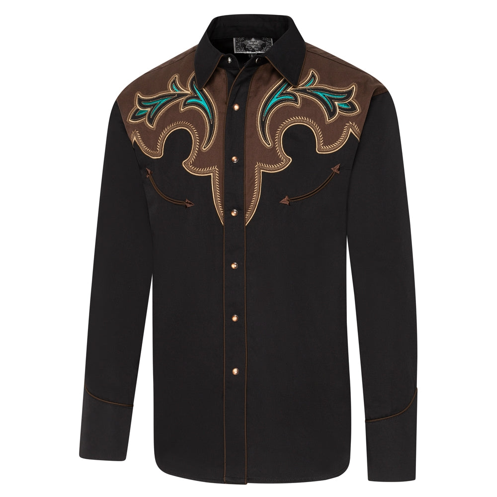 Men's Black Western Shirt Alaric with Contrasting Yoke - Embroidered cowboy shirt