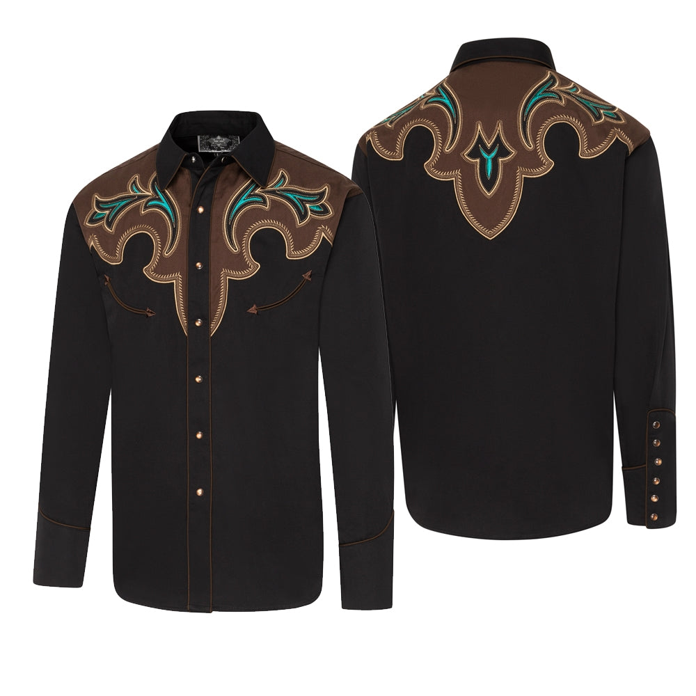 Men's Black Western Shirt Alaric with Contrasting Yoke - Embroidered cowboy shirt