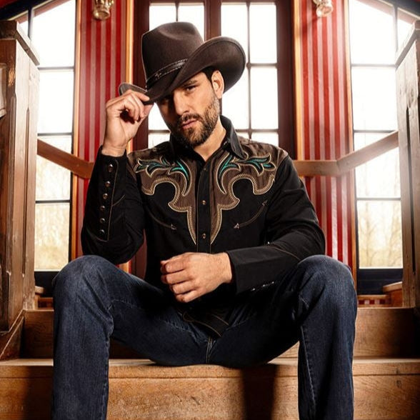 Men's Black Western Shirt Alaric with Contrasting Yoke - Embroidered cowboy shirt