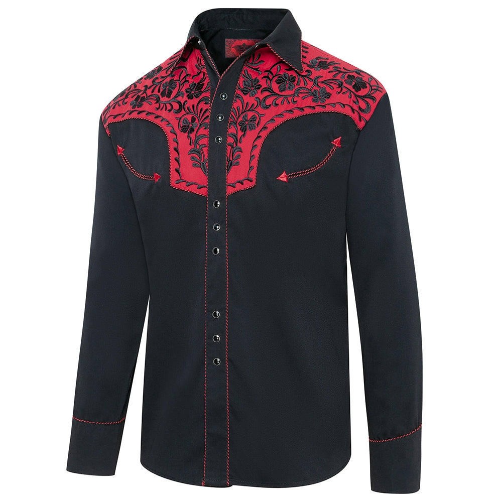 Men's Black Western Shirt Brooks - Red Embroidered Yoke with Cord Piping