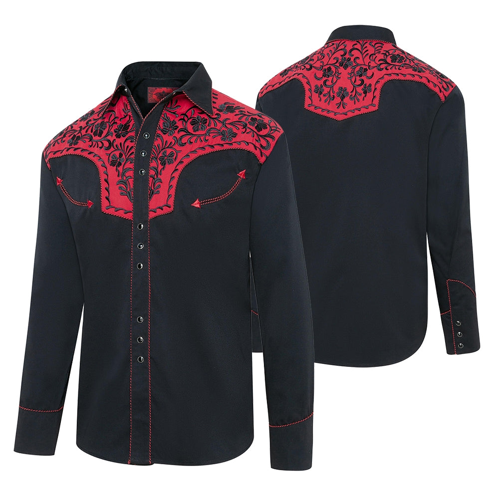 Men's Black Western Shirt Brooks - Red Embroidered Yoke with Cord Piping