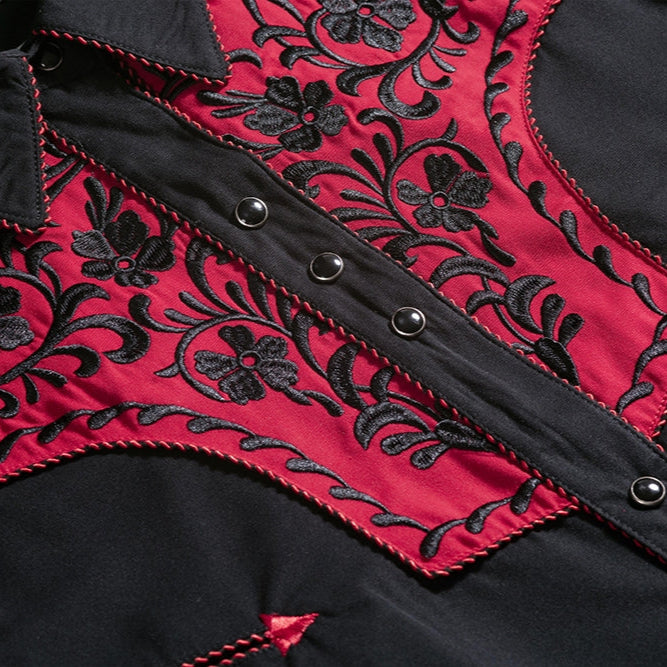 Men's Black Western Shirt Brooks - Red Embroidered Yoke with Cord Piping