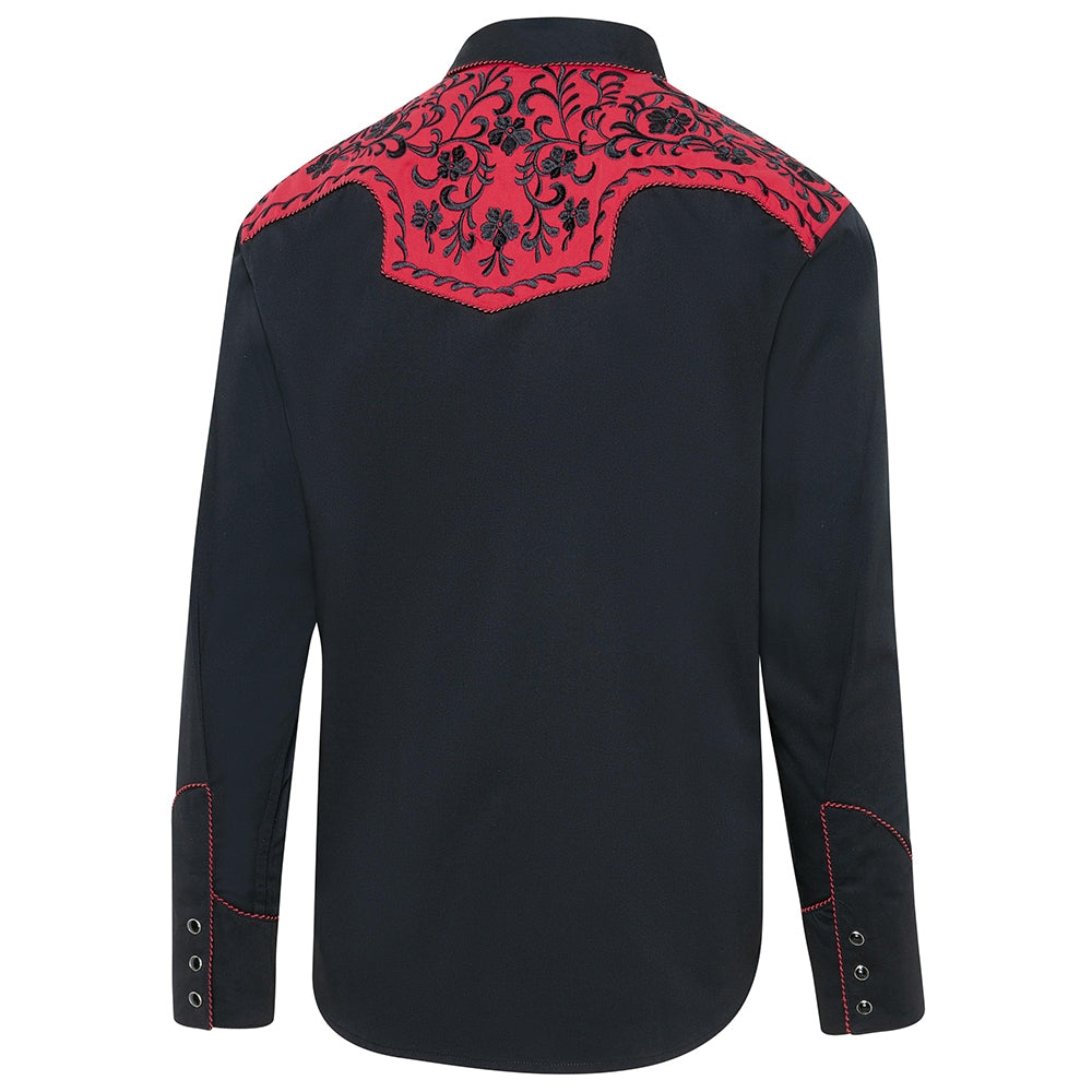 Men's Black Western Shirt Brooks - Red Embroidered Yoke with Cord Piping