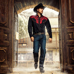 Men's Black Western Shirt Brooks - Red Embroidered Yoke with Cord Piping