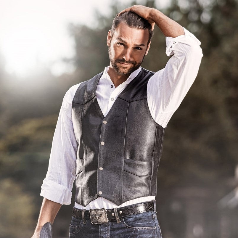 Men's Cowhide Leather Western Vest | Genuine Leather with Snap Buttons