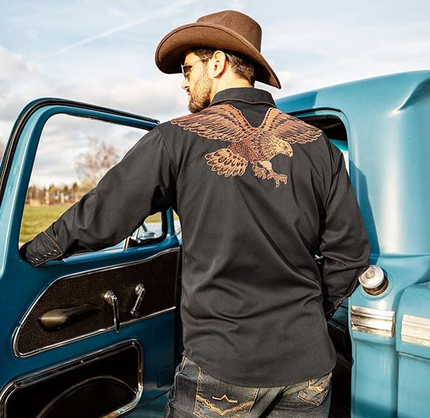 Men's Eagle Western Shirt Floyd with Embroidered Wings - Black cowboy shirt