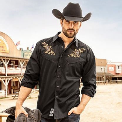 Men's Embroidered Western Shirt Hogan - Suede Look with Smiley Pockets