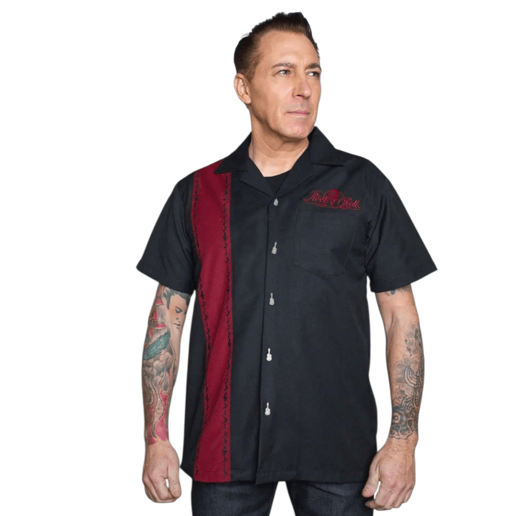 Men's Lounge Shirt Sound of Rock'n'Roll - Black Burgundy Rockabilly Shirt with Embroidery