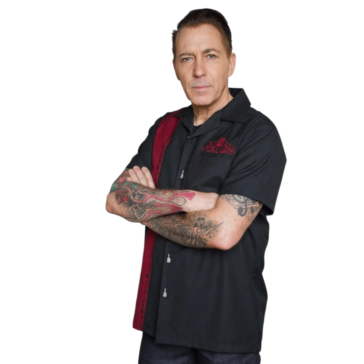 Men's Lounge Shirt Sound of Rock'n'Roll - Black Burgundy Rockabilly Shirt with Embroidery