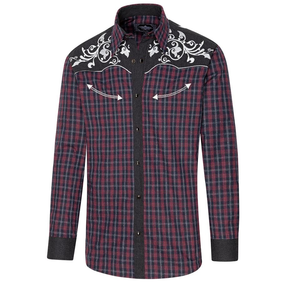 Men's Plaid Western Shirt Baker - Embroidered Yoke with Smiley Details