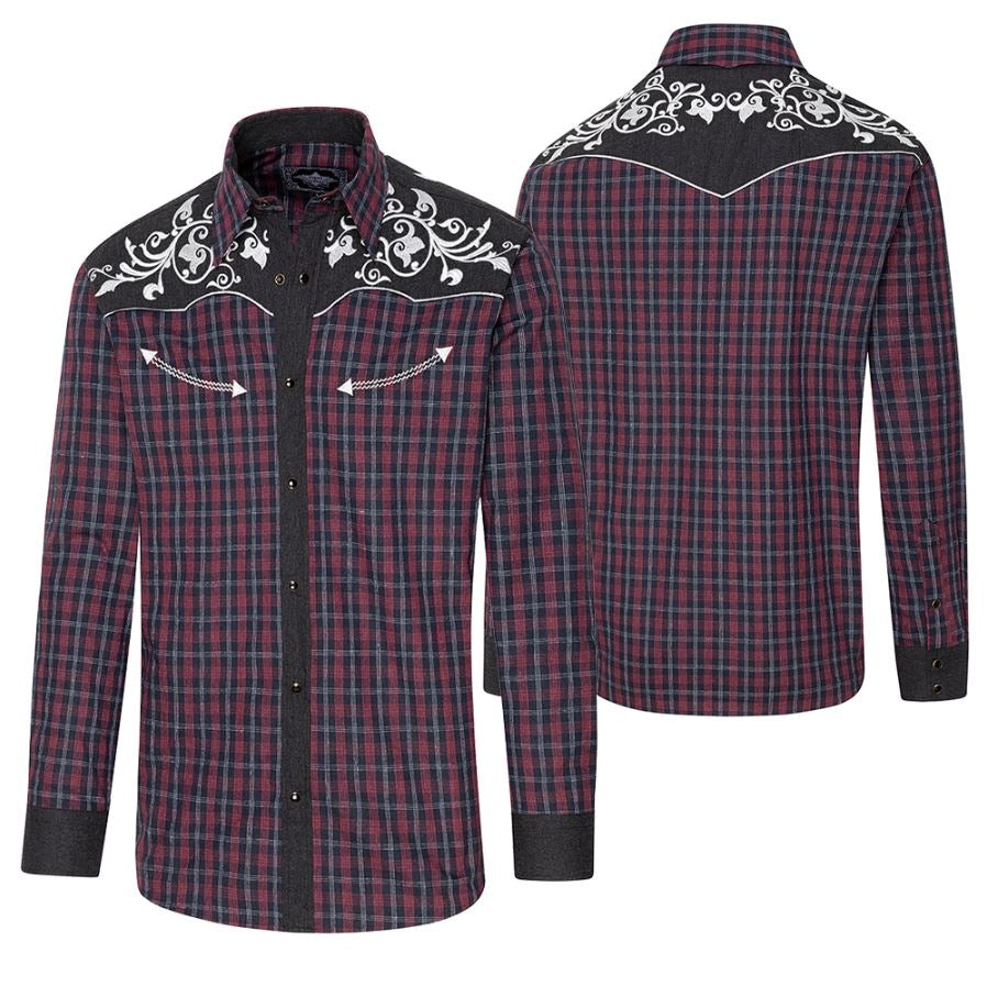 Men's Plaid Western Shirt Baker - Embroidered Yoke with Smiley Details