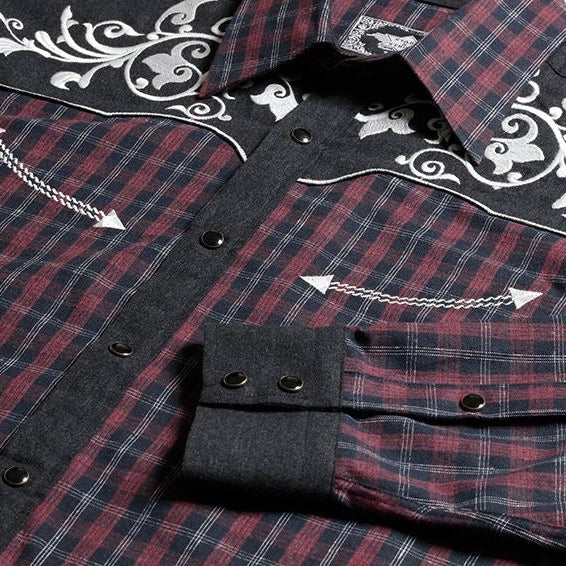 Men's Plaid Western Shirt Baker - Embroidered Yoke with Smiley Details