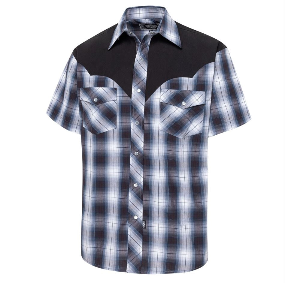 Men's Short Sleeve Western Shirt Evan - Blue Brown Plaid