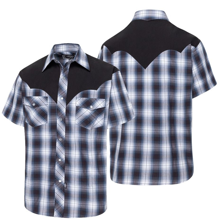 Men's Short Sleeve Western Shirt Evan - Blue Brown Plaid