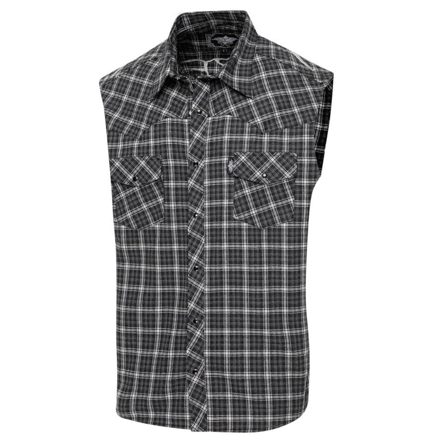 Men's Sleeveless Western Shirt Jacob - Checked Plaid with Embroidered Bull