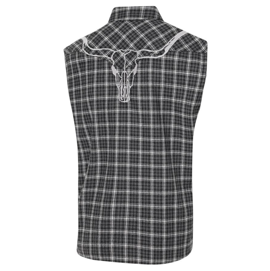 Men's Sleeveless Western Shirt Jacob - Checked Plaid with Embroidered Bull
