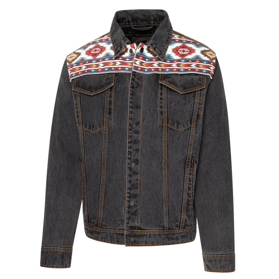 Men's Western Denim Jacket with Lining - Moran Aztec Trim Canvas Jacket