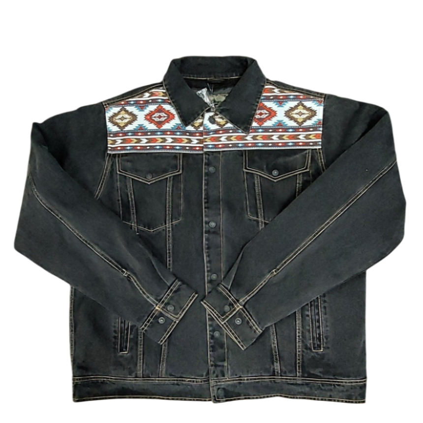 Men's Western Denim Jacket with Lining - Moran Aztec Trim Canvas Jacket