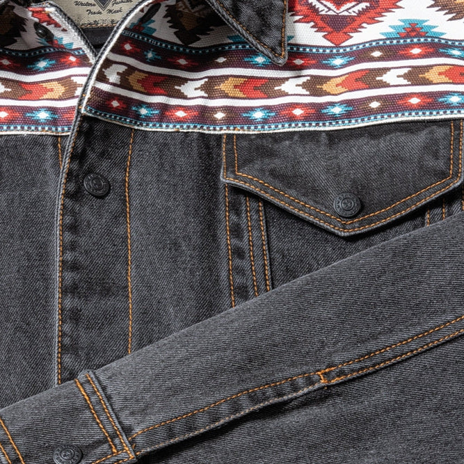 Men's Western Denim Jacket with Lining - Moran Aztec Trim Canvas Jacket
